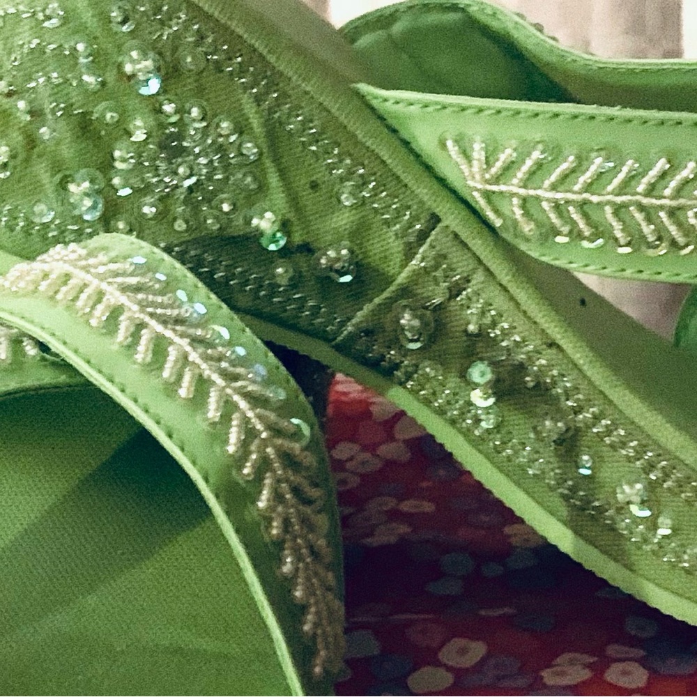 Lime Green High Heel Wedge Flip Flop Sandals With Shiny Rhinestone Sequencing
